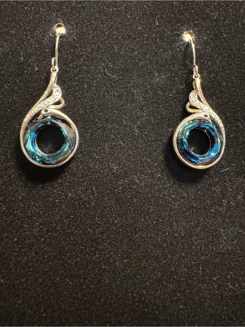 Silver Tone Peacock Earrings with Blue and Crystal Accents